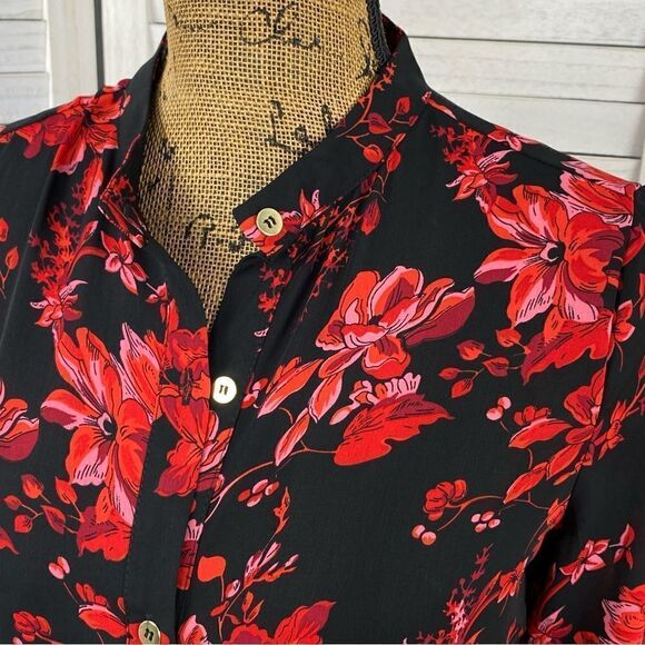 Joan Vass Floral High Low Button Front Blouse Black Red XS - Picture 5 of 14